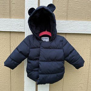 Old Navy Frost Free Bear Critter-Hood Puffer Jacket Navy Blue Size 6-12 Months